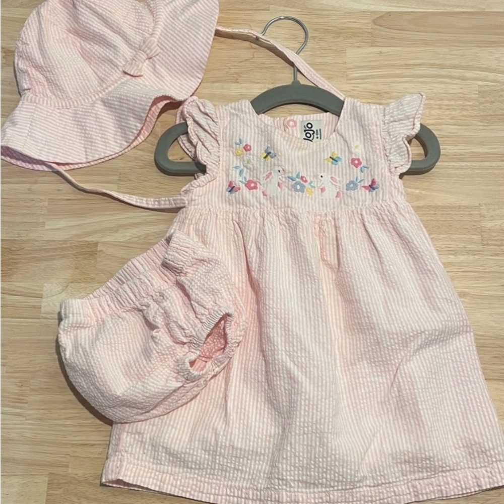Jojo Baby Pink Gingham Easter Bunny Embroidery Dress 3pc Set with Hat EASTER